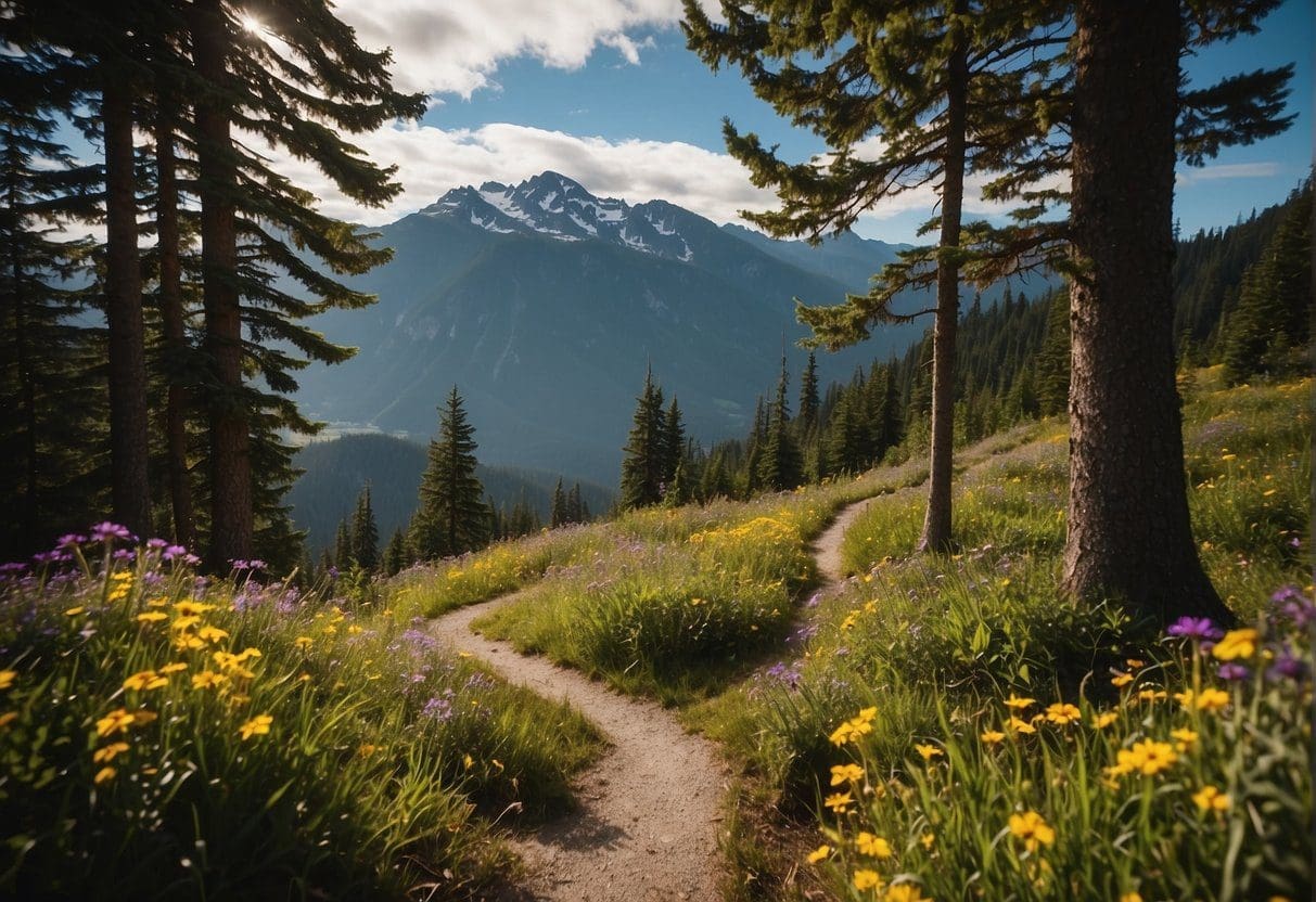 Hiking trails wind through Snoqualmie Pass, with vibrant wildflowers dotting the landscape and stunning mountain views in the distance