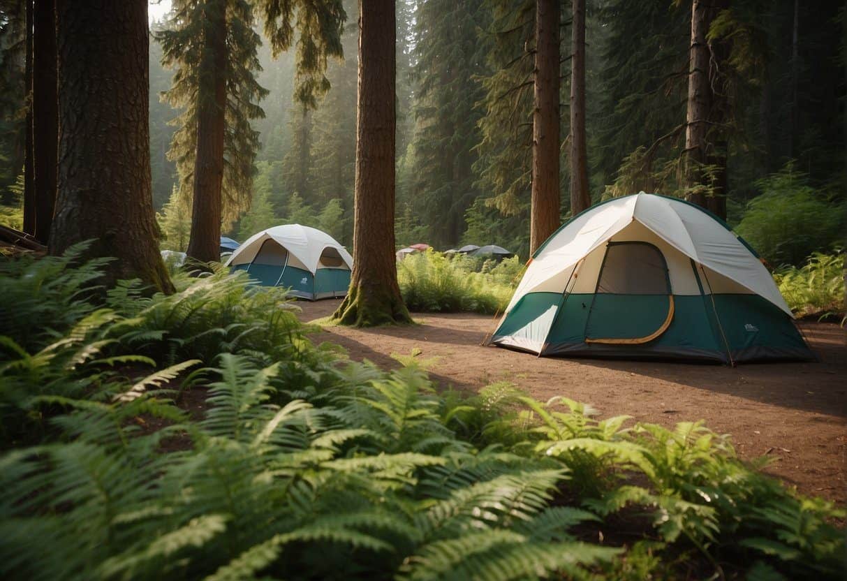 Lush greenery surrounds a tranquil lake in a Washington state park. Tents dot the campground, nestled among towering trees and rocky trails