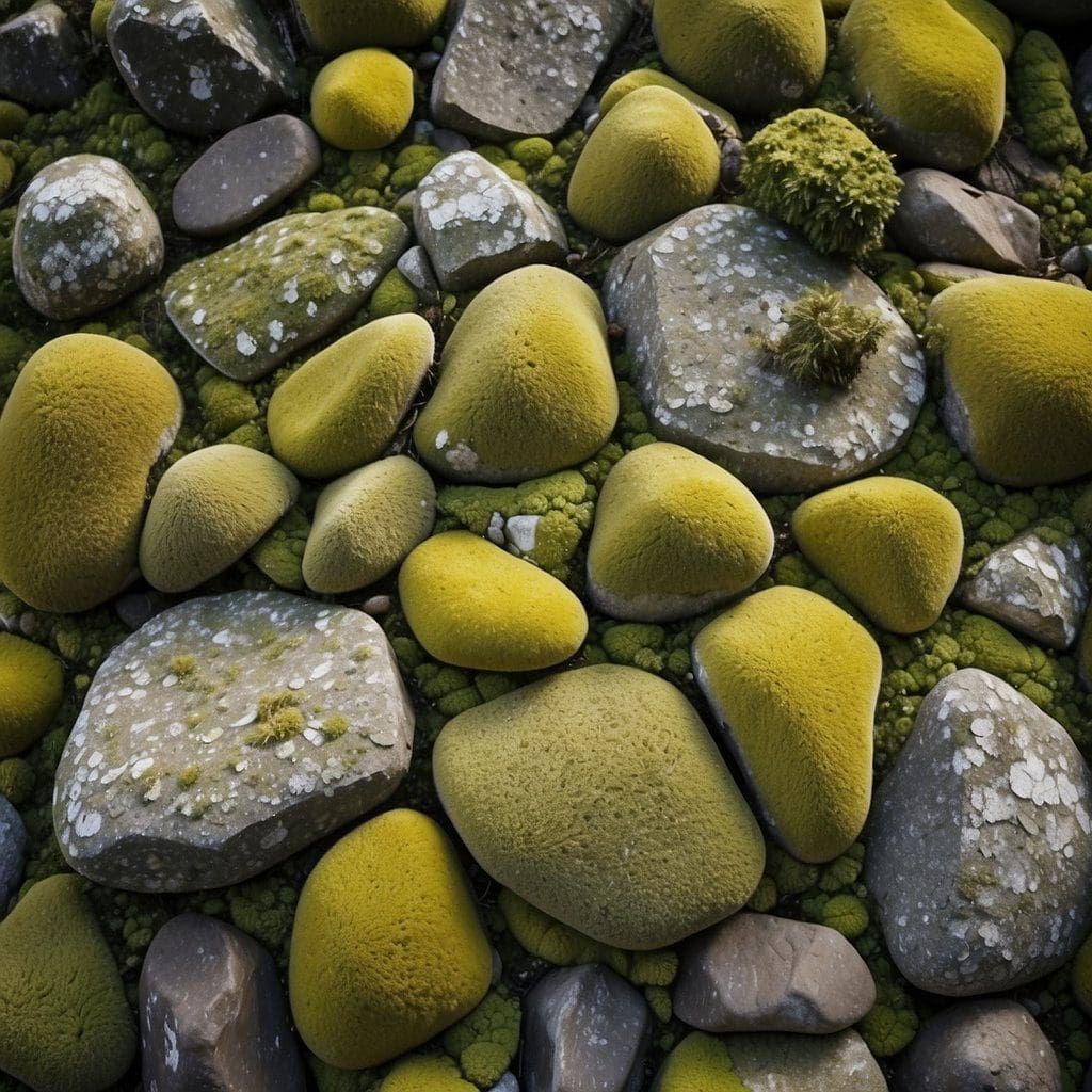 A rocky surface covered in various shades of lichen, with patches of green, yellow, and gray creating a textured and patterned landscape