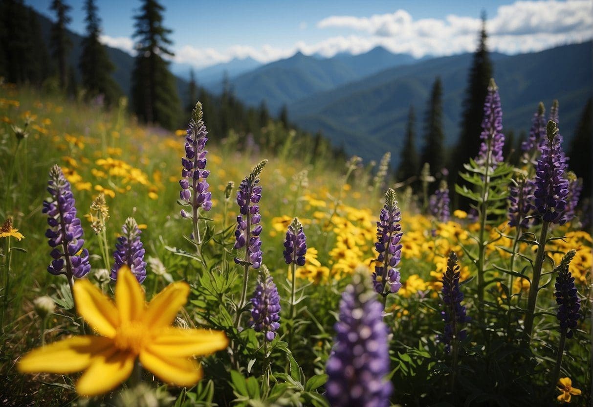 Vibrant wildflowers blanket Snoqualmie Pass, with purple lupine and yellow balsamroot contrasting against the lush green meadows