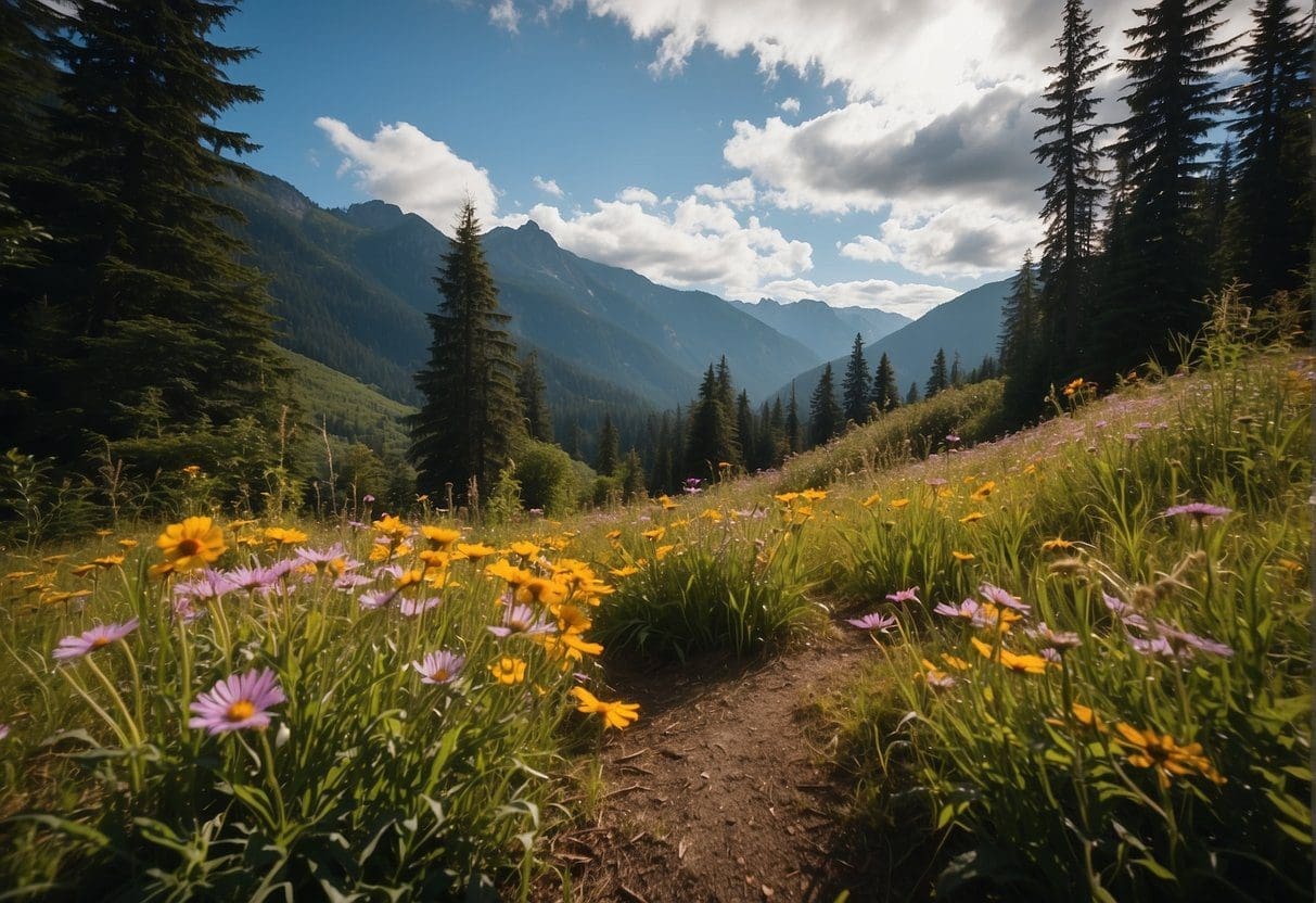 Colorful wildflowers blanket the Snoqualmie Pass, surrounded by lush greenery and towering mountains, while wildlife roams freely in the serene environment