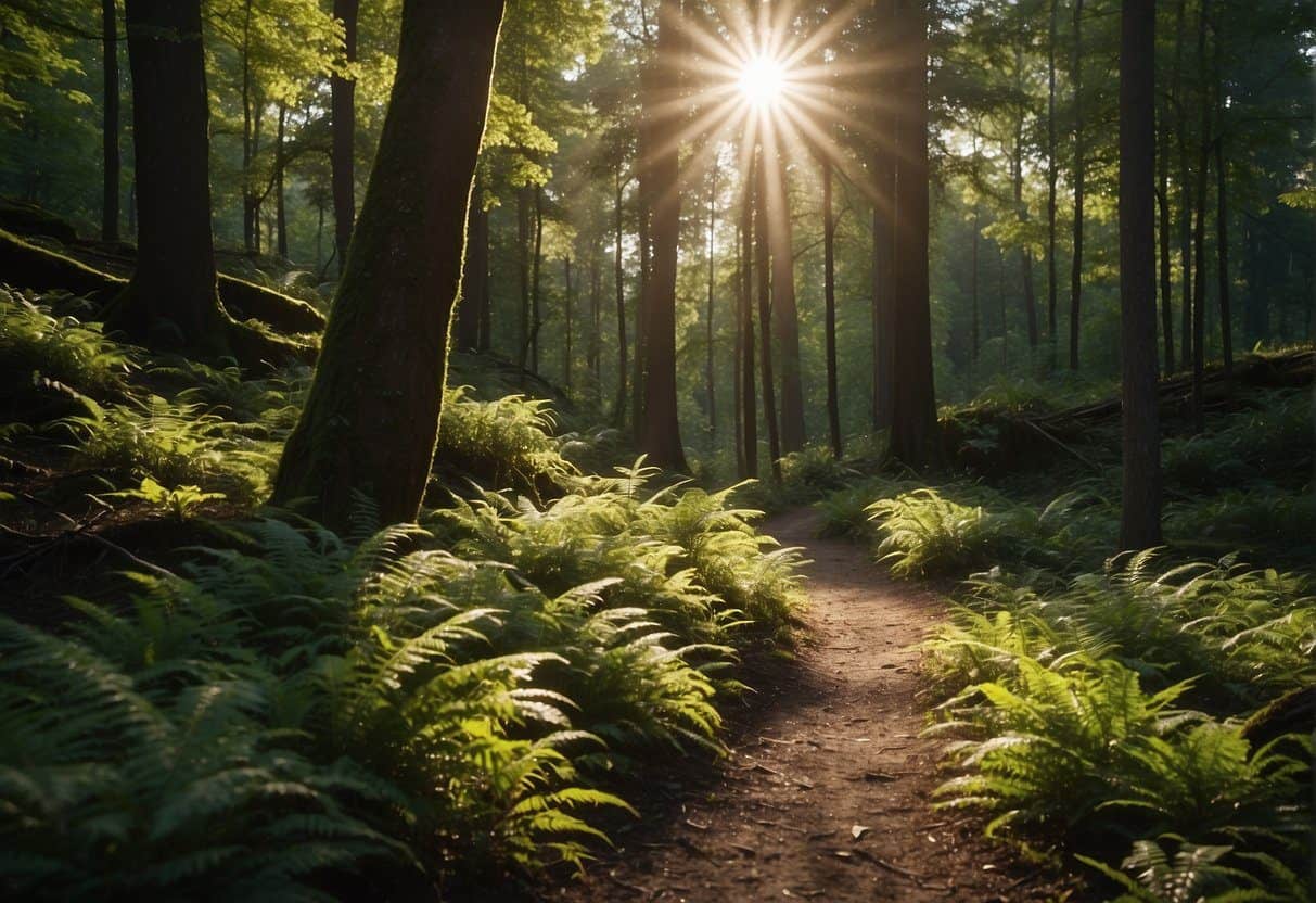 Sunlight filters through dense forest, casting dappled shadows on the trail. Lush greenery and towering trees line the path, leading towards distant mountains