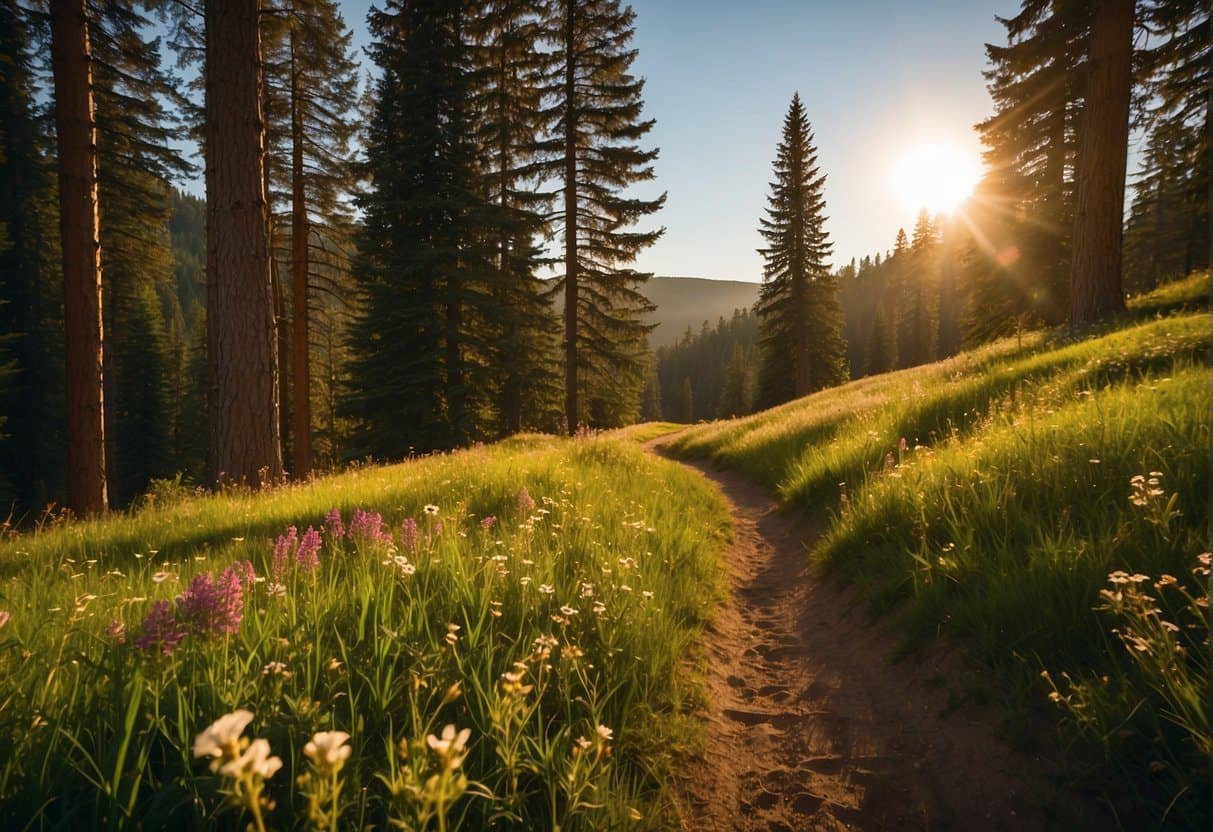 A vibrant trail winds through Palouse to Cascades State Park, with lush greenery, blooming wildflowers, and towering evergreen trees. The sun casts a warm glow over the landscape, creating a serene and inviting atmosphere