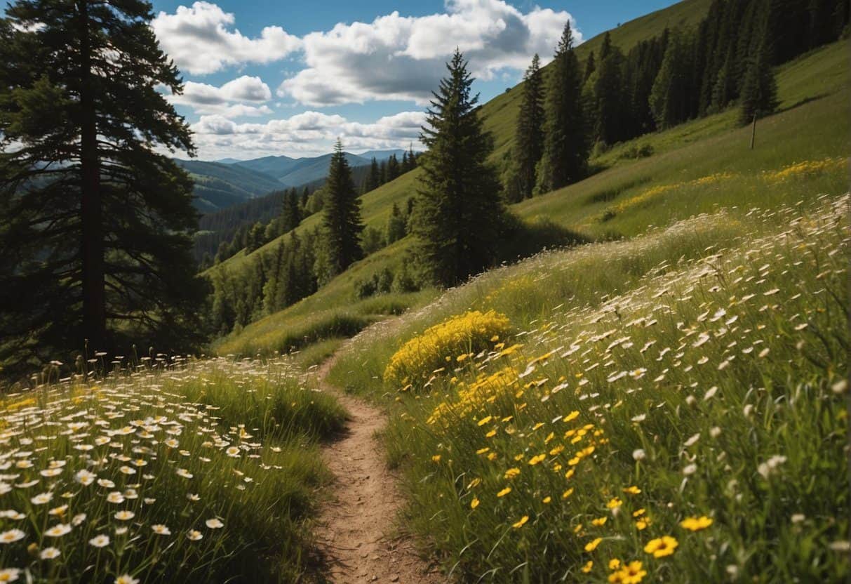 Rolling hills, lush green valleys, and winding trails through the forest. A clear blue sky with fluffy white clouds overhead. Wildflowers and wildlife dotting the landscape