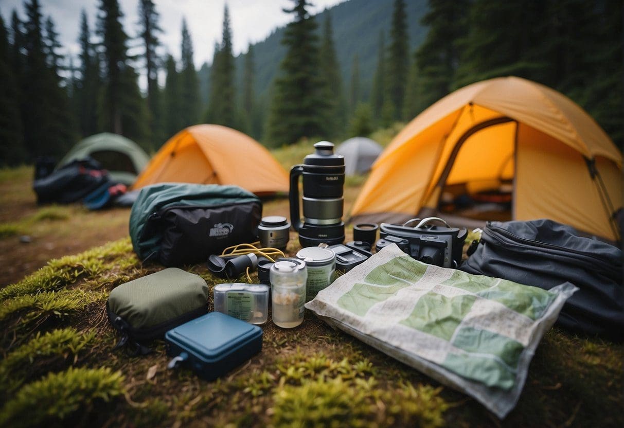 Hikers gather gear, maps, and tents for Olympic National Forest camping trip