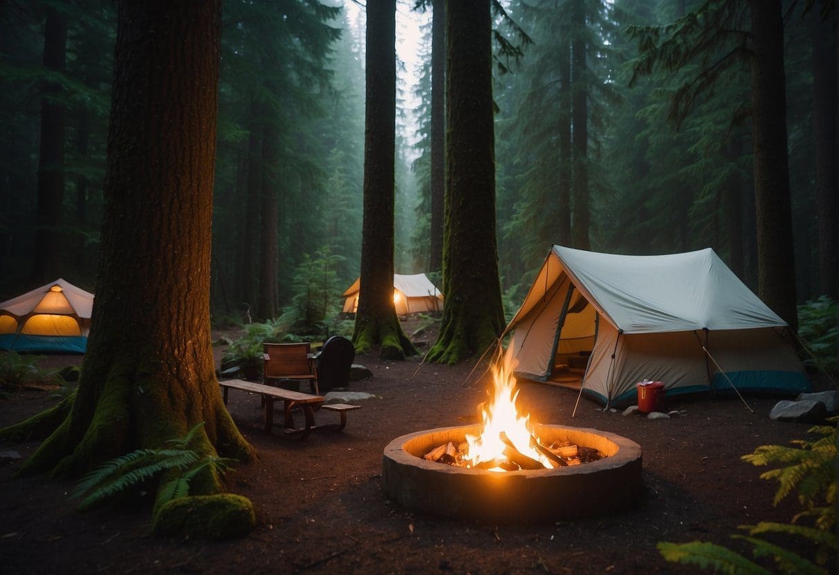 A peaceful campsite nestled among towering trees in Olympic National Forest, with cozy accommodations and a crackling campfire