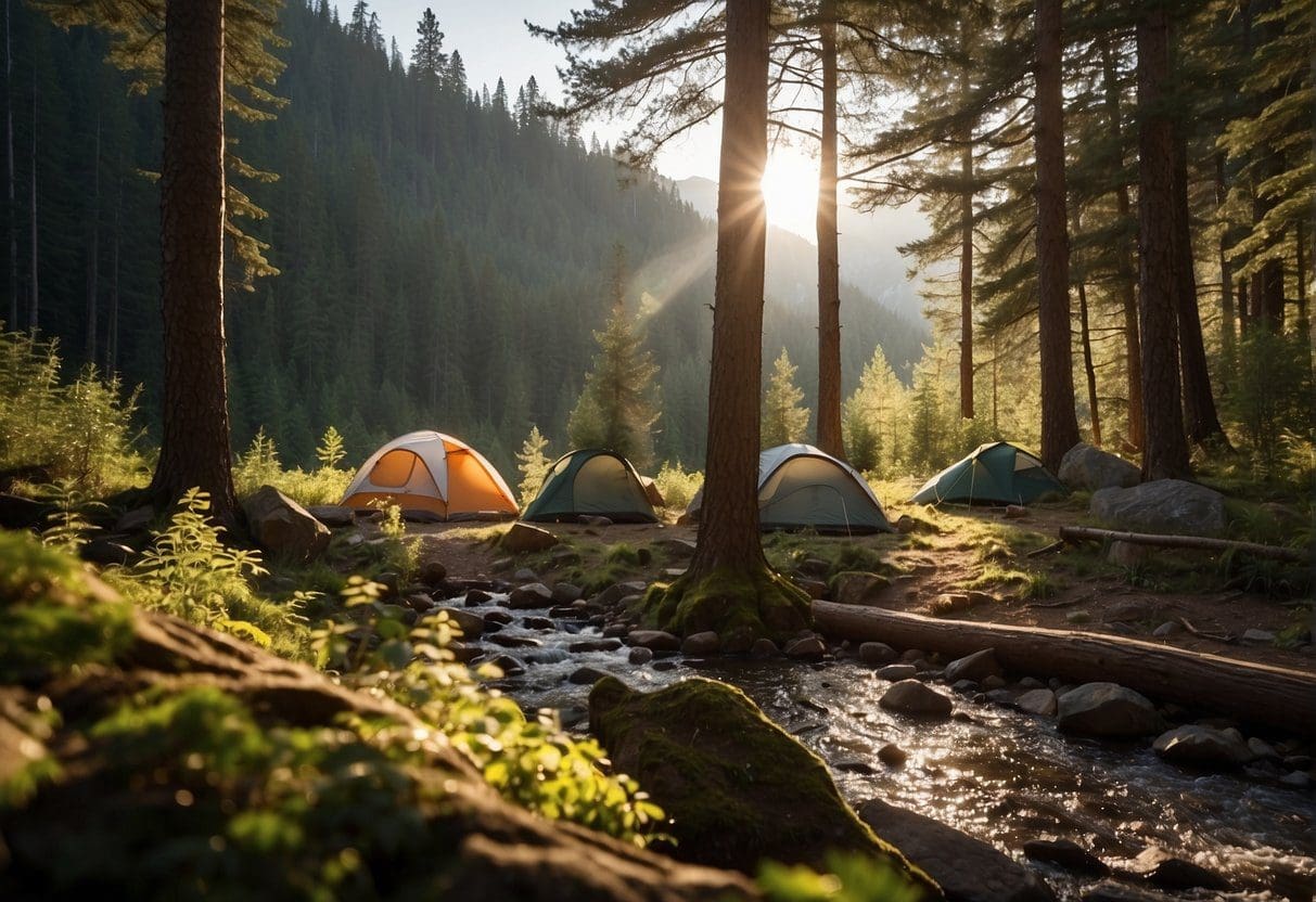 Sunlight filters through dense trees onto a peaceful campsite. A crackling fire warms the air as tents dot the forest floor. Mountains loom in the distance, and a gentle stream flows nearby