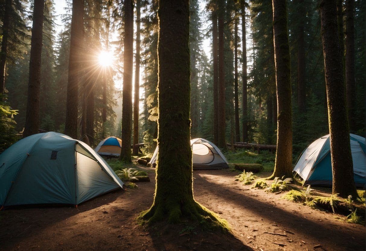 Sunlight filters through towering trees onto a serene campsite in Olympic National Forest. Tents are pitched, a crackling campfire, and hikers' gear is strewn about