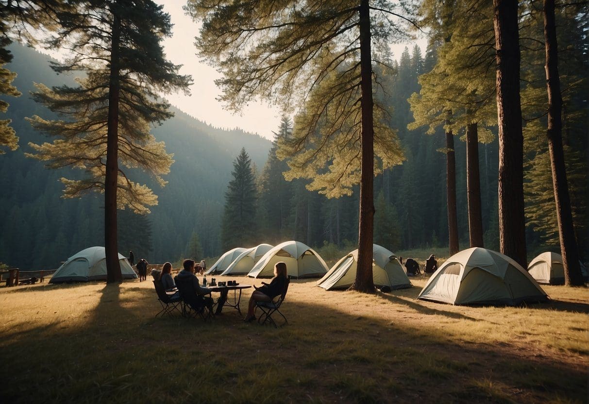 Tents pitched under towering trees, with a campfire crackling and people enjoying hiking trails and scenic views