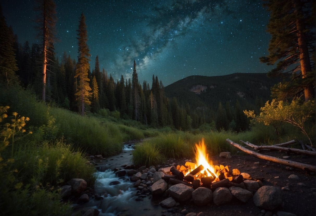Lush green forest with a winding river, a crackling campfire, and a starry night sky in eastern Washington