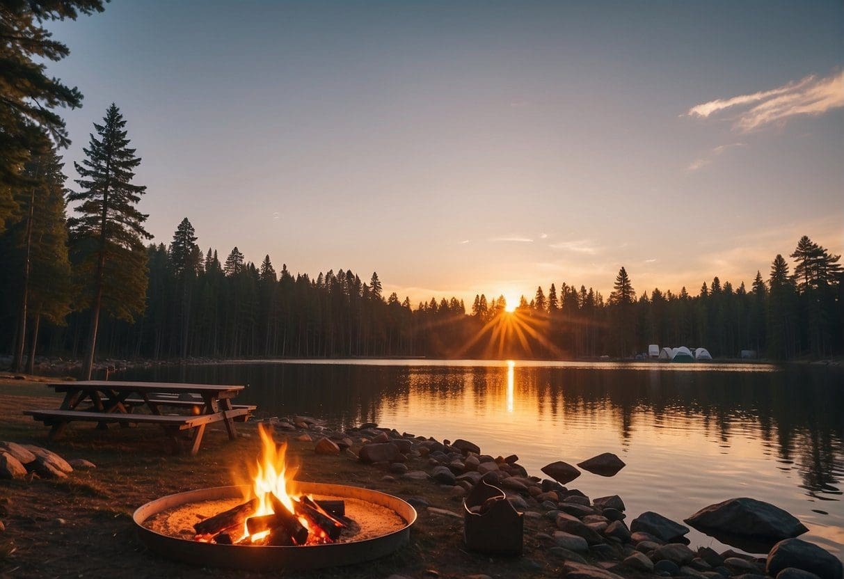 A serene lake surrounded by tall pine trees, with a cozy campfire and tents set up nearby. The sun is setting, casting a warm glow over the peaceful scene