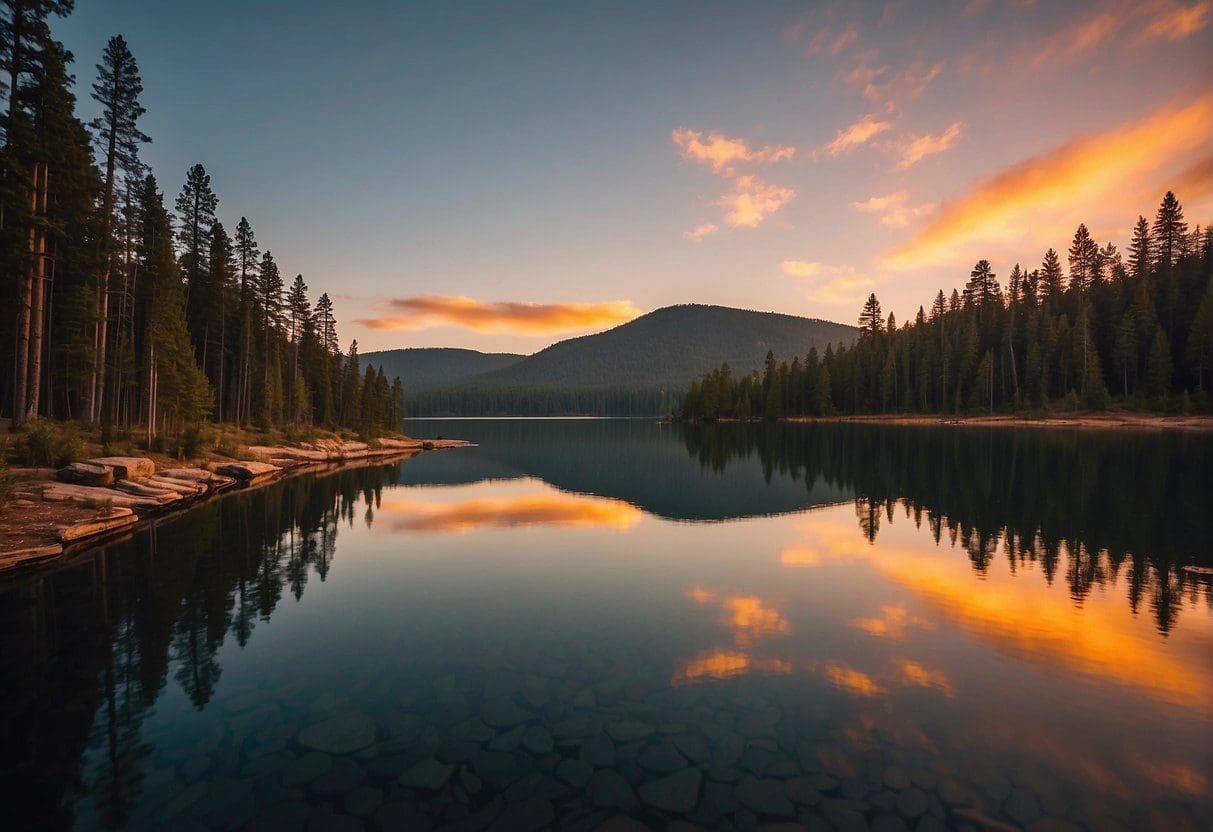 Sunset over rolling hills, pine forests, and a serene lake. Perfect scenery for Eastern Washington Camping.