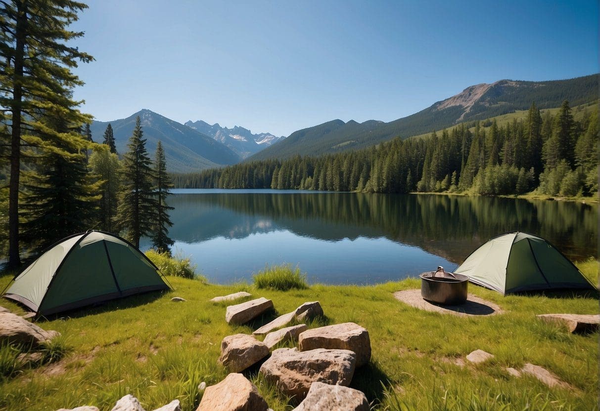 Lush green forests surround a tranquil lake, with tents and campfires dotting the landscape. Mountains loom in the distance under a clear blue sky