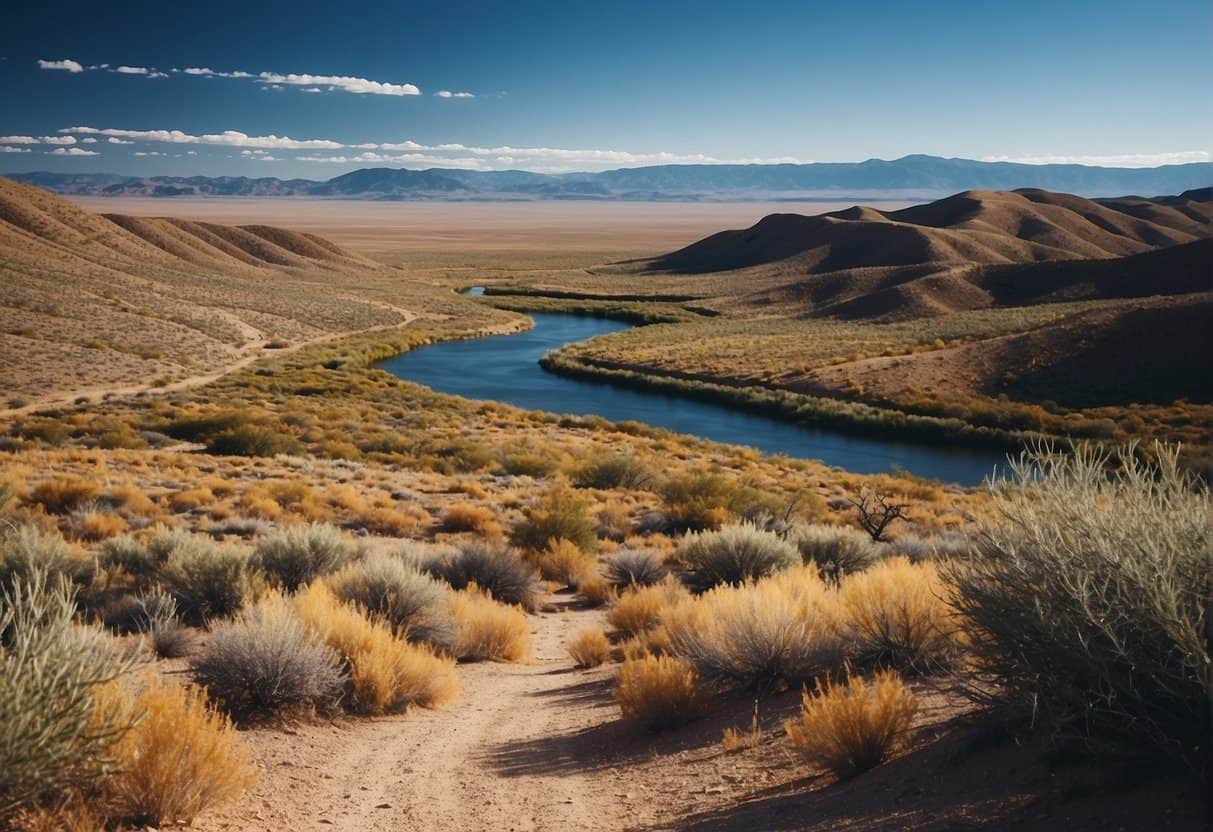 Vast desert landscape with rolling hills, sagebrush, and a winding river. Bright blue sky with scattered clouds