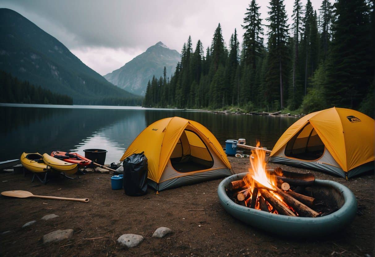 Campers setting up tents and cooking over a fire at Ross Lake National Recreation Area. Canoes and kayaks are scattered along the shoreline, with a backdrop of lush green forest and snow-capped mountains