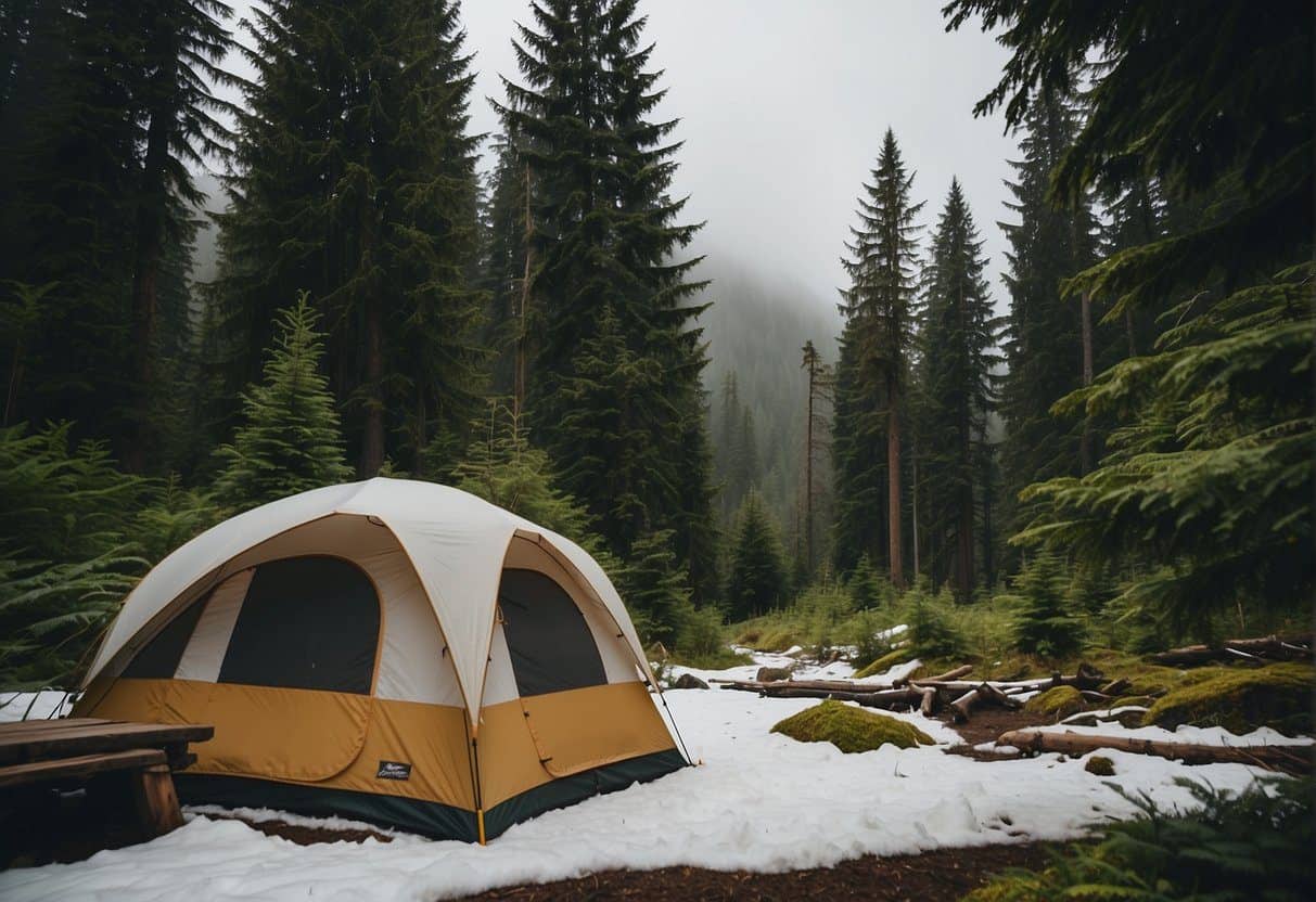 Deer Park Campground nestled in Olympic National Park, surrounded by lush greenery and towering trees, with a backdrop of snow-capped mountains