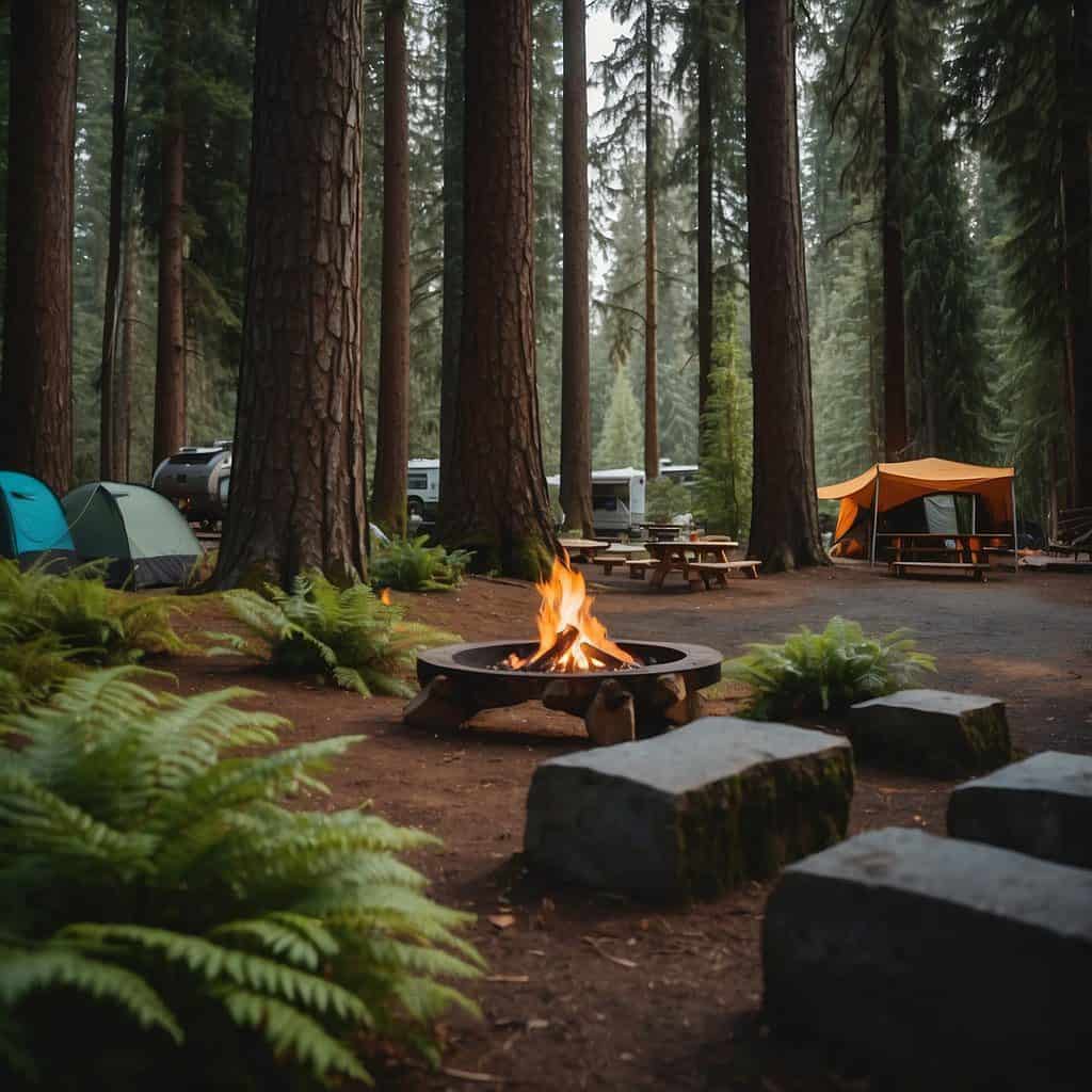 Lush forest surrounds a serene campground in Washington state, with a crackling campfire and towering evergreen trees