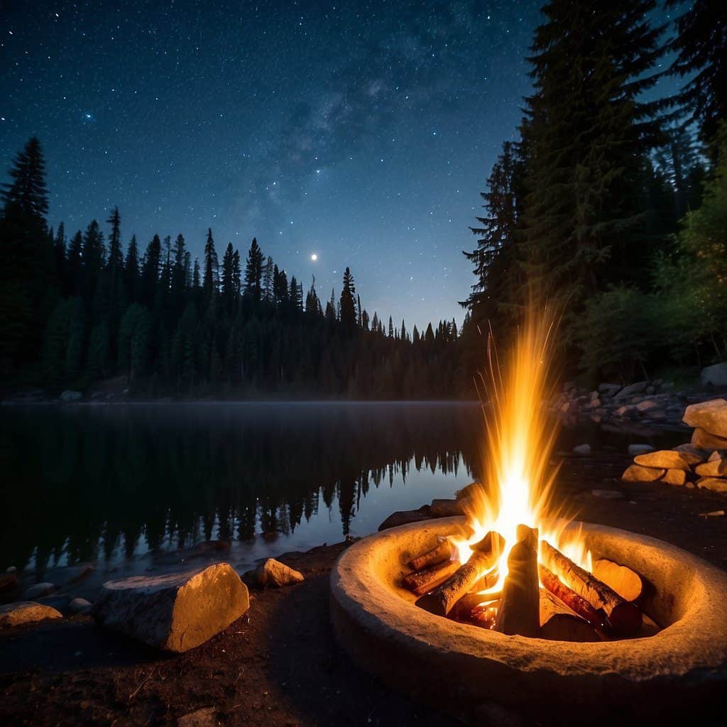 A campfire crackles under a starry sky in a lush Washington forest, surrounded by towering evergreen trees and a tranquil river