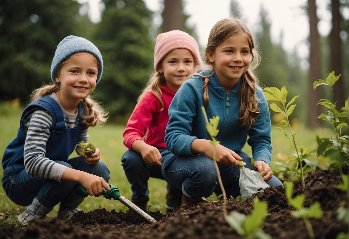 A group of children in the Pacific Northwest participate in eco-friendly activities, such as planting trees, cleaning up parks, and recycling