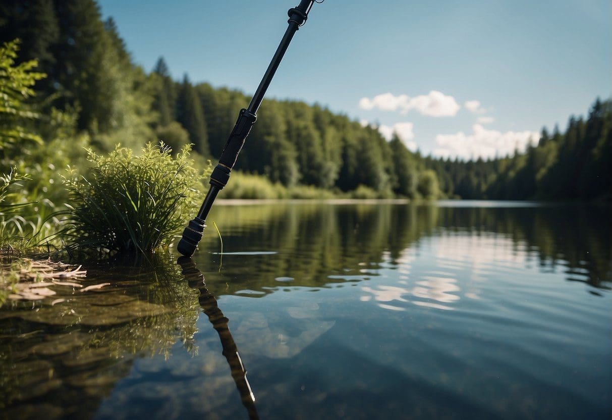 Lush greenery surrounds a serene lake with calm waters, reflecting the blue sky above. A fishing rod is cast out, waiting for a bite