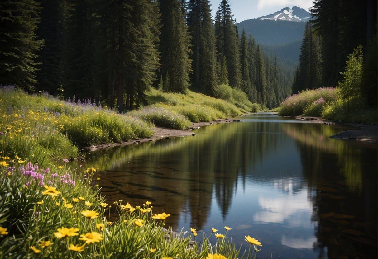 Lush green forests with towering trees, serene lakes reflecting the surrounding mountains, and colorful wildflowers dotting the landscape of Washington state parks and camping areas