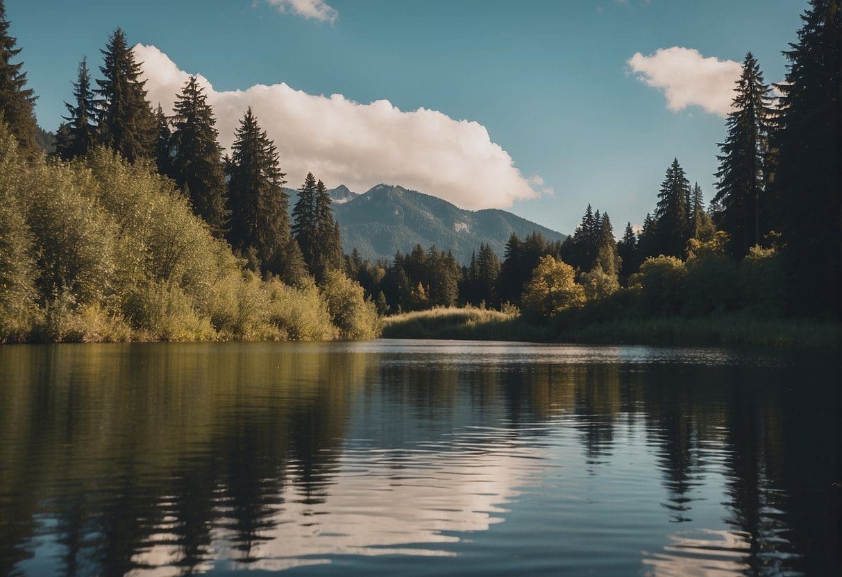Lush lakes teeming with wildlife, birds soaring above. Perfect for bird watching near Seattle