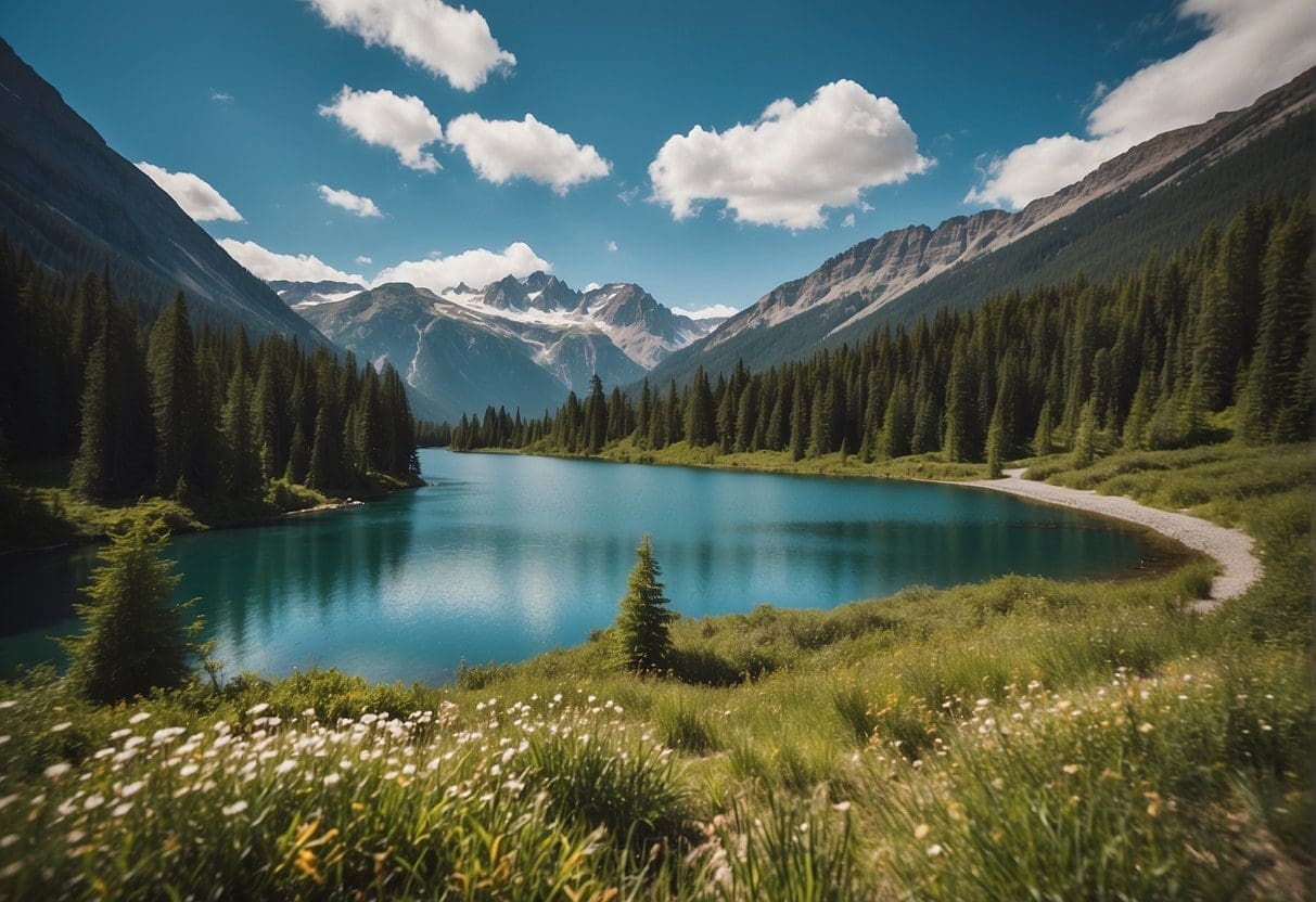 Clear, tranquil lakes surrounded by lush greenery and snow-capped mountains. Hiking trails wind around the water's edge, offering peaceful walks in nature