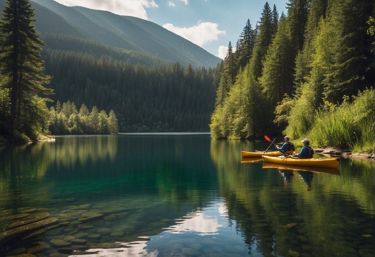 A serene lake surrounded by lush greenery, with kayakers paddling and hikers exploring nearby trails. Sunlight reflects off the water, creating a picturesque outdoor scene