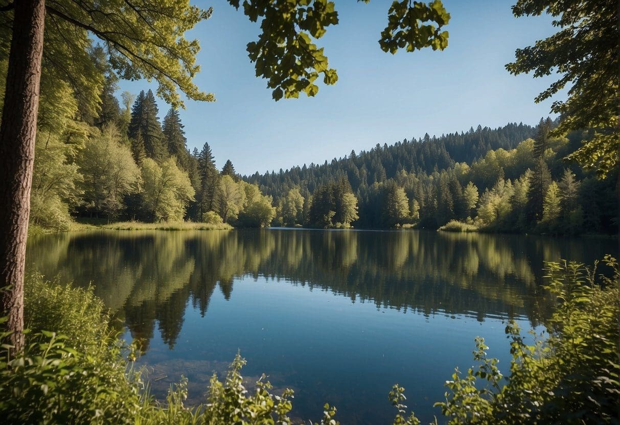 A serene lake nestled among lush trees, reflecting the clear blue sky. Peaceful and secluded, perfect for relaxation