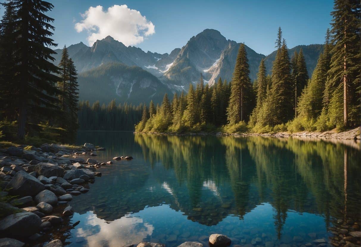 The Hozomeen Campground in North Cascades features a serene setting with towering mountains, lush forests, and a tranquil lake, providing a peaceful retreat for visitors