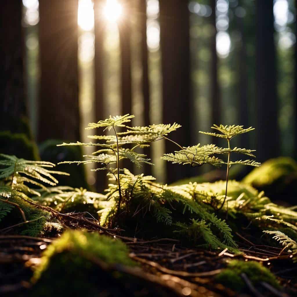 Sunlight filters through dense forest, illuminating the feathery branches of western hemlock trees. Fallen needles carpet the ground, creating a peaceful, mossy scene. these are just some of the things to look for to help with western hemlock identification.