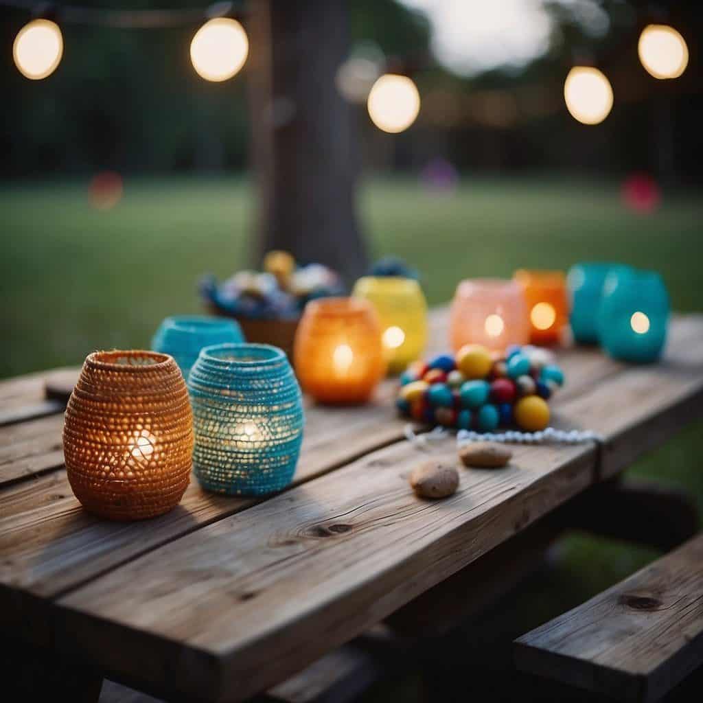 A campsite with handmade lanterns, painted rocks, and woven friendship bracelets displayed on a picnic table