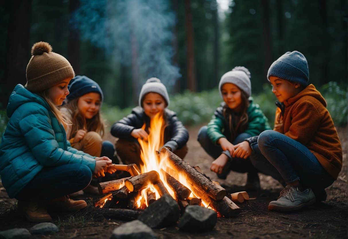 A campfire surrounded by children making nature-inspired crafts in the Pacific Northwest wilderness