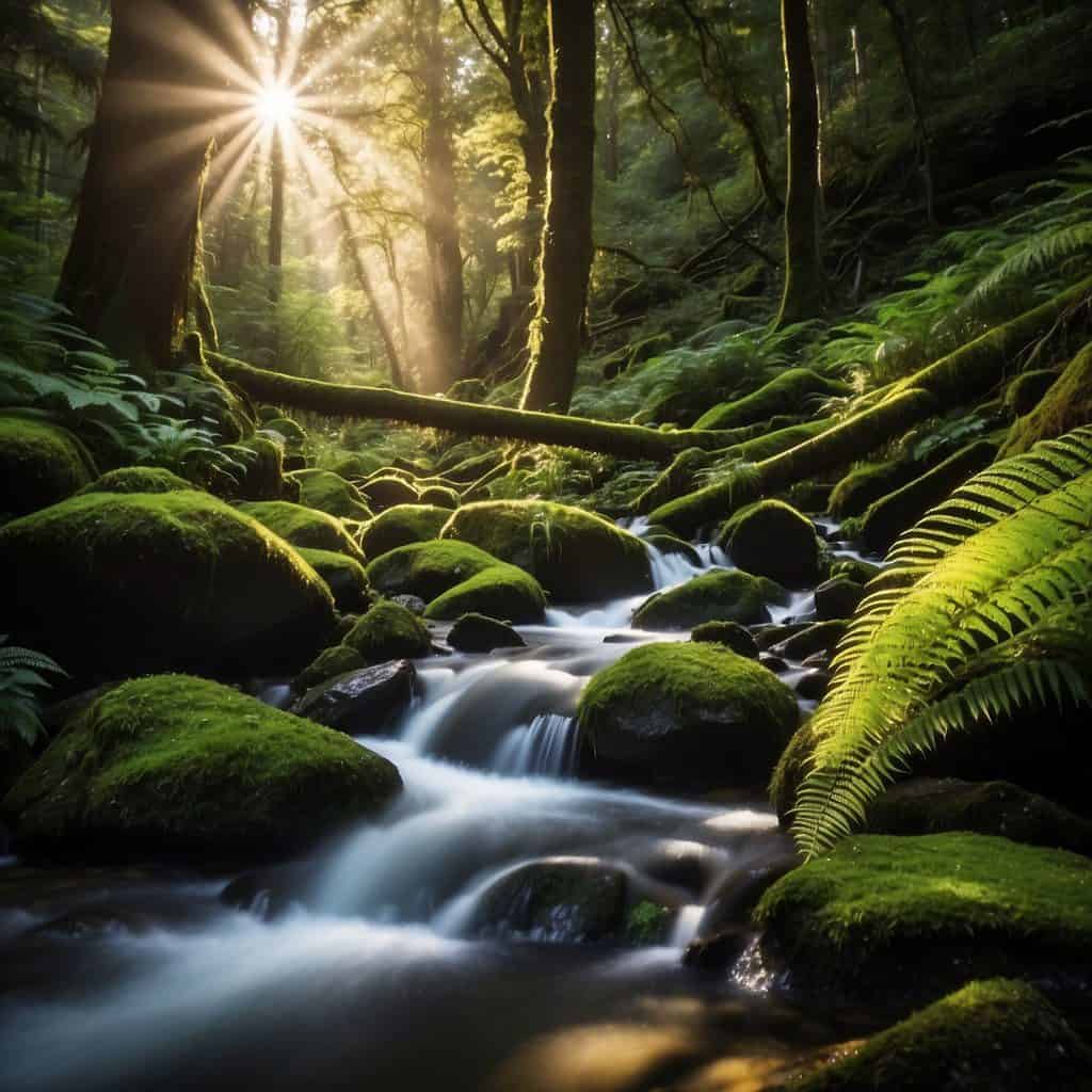 Sunlight filters through dense forest canopy, illuminating moss-covered trees and ferns. A rushing river cuts through the lush landscape, surrounded by towering mountains and cascading waterfalls
