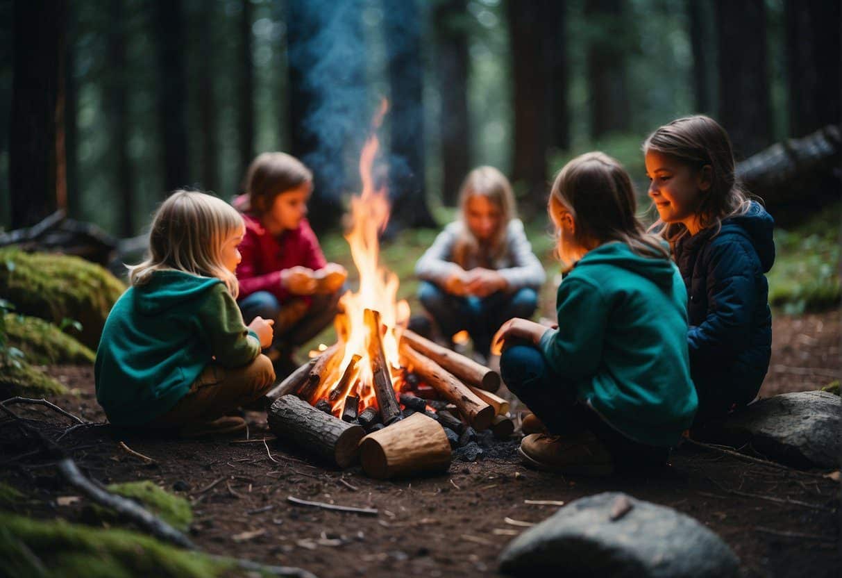 A campfire surrounded by children making nature-inspired crafts in the Pacific Northwest wilderness