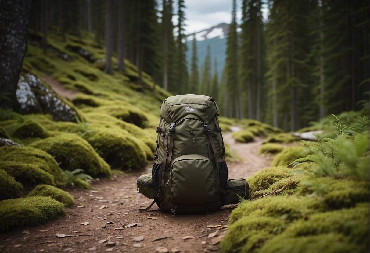 A rugged trail winds through lush forest, leading to a panoramic view of snow-capped peaks. Backpack, hiking boots, and map lay ready at the trailhead