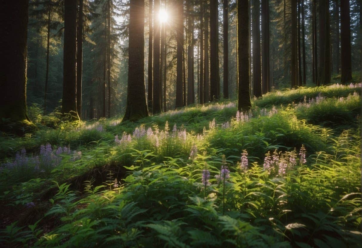 Lush forest with vibrant wildflowers, towering evergreens, and diverse bird species in Bellingham's hiking trails