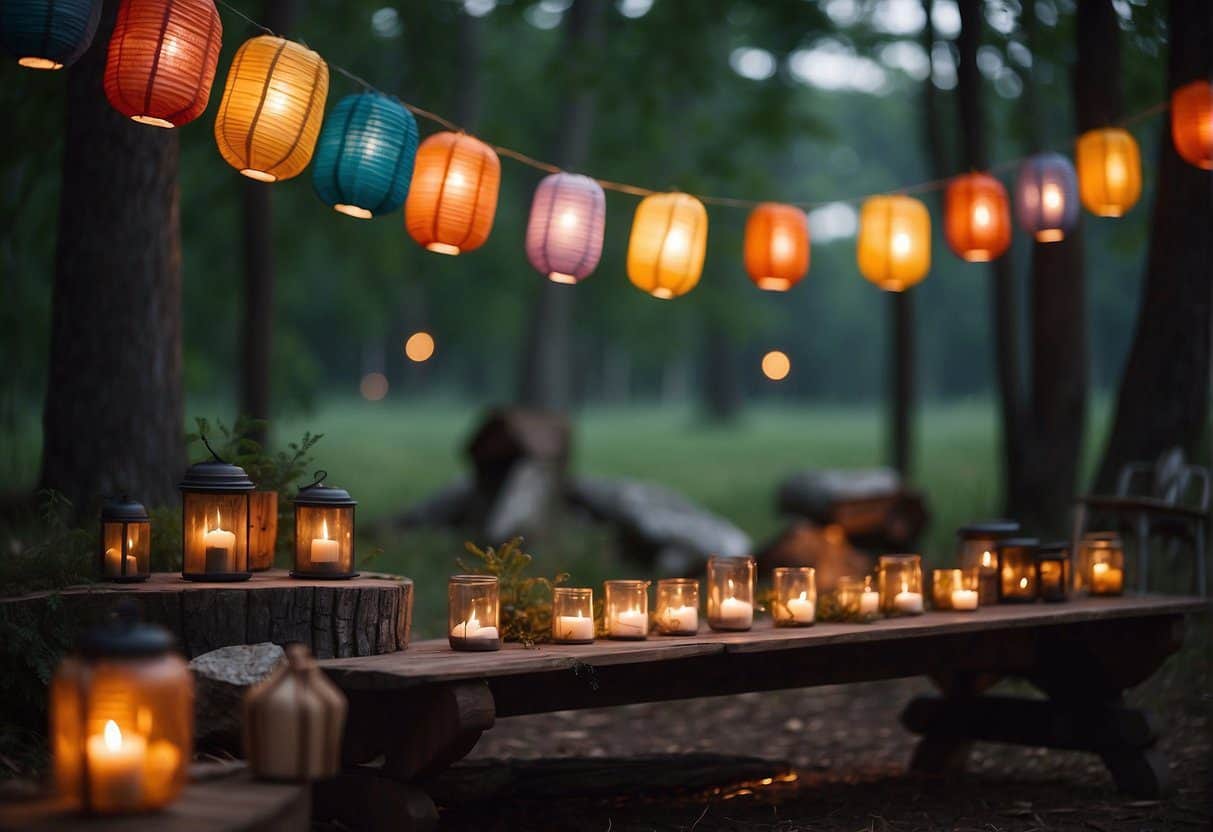A campfire surrounded by handmade lanterns, a colorful banner strung between trees, and a table set with DIY nature camping crafts.