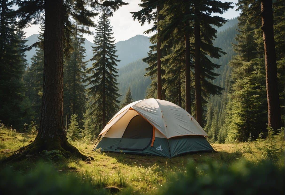 A forest clearing with a crackling campfire, surrounded by tall evergreen trees and a clear night sky in Washington state