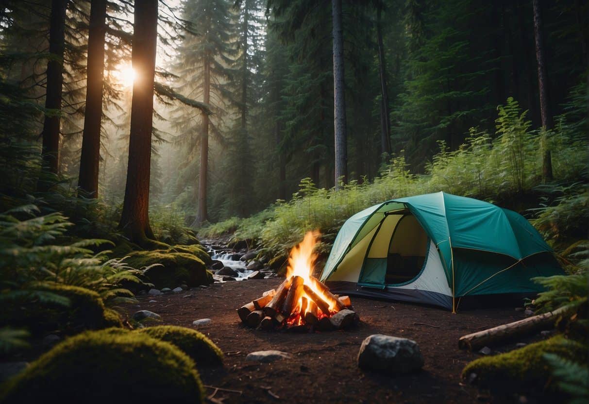 A campsite in a lush Washington forest with a clear stream, a crackling fire, and a tent set up for free camping