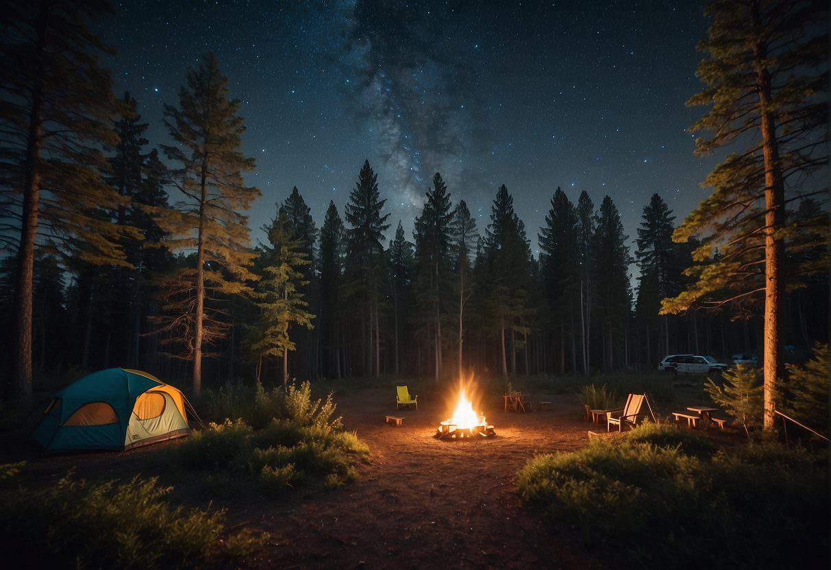 A forest with a clear, starry sky above. A campsite with a crackling fire.  Some of the joys of free camping in Washington State.