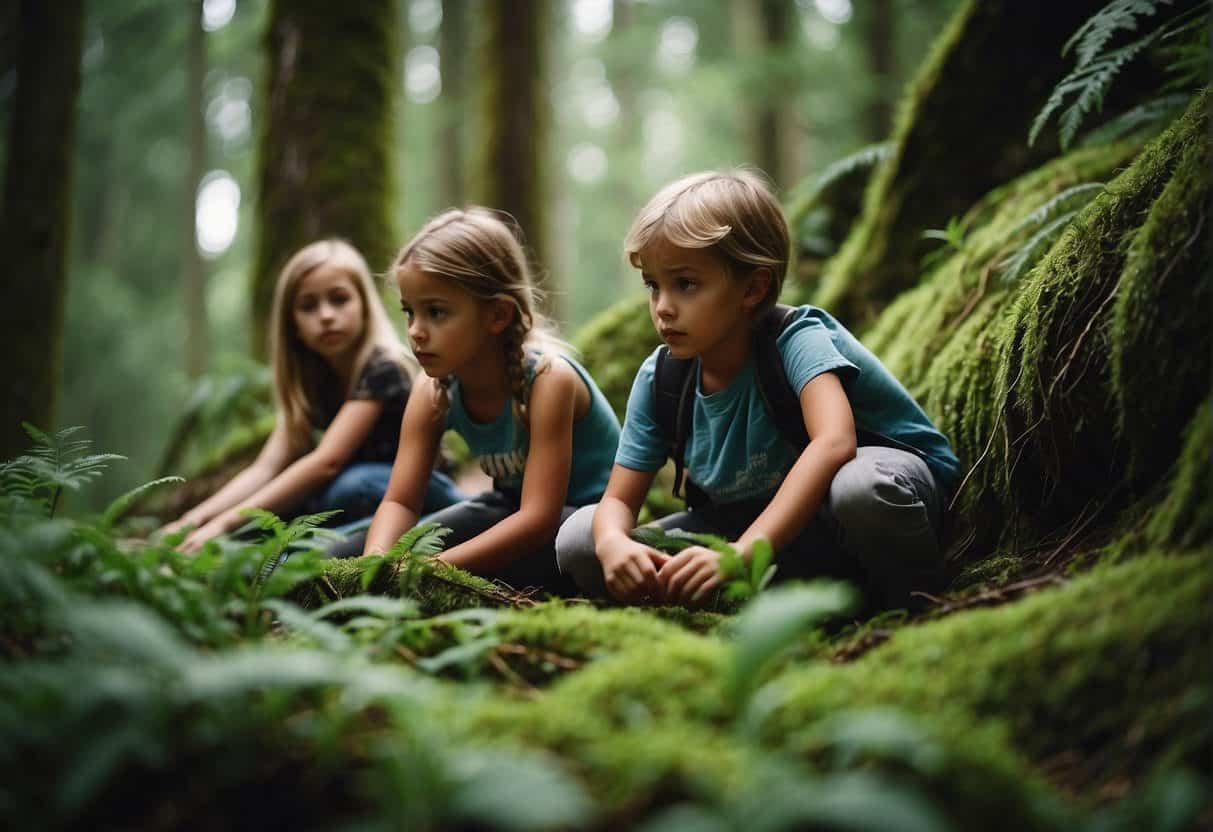 A group of children explore a lush Pacific Northwest forest, identifying various plants and connecting with nature
