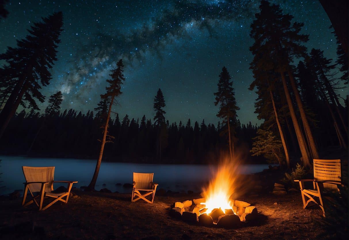 A cozy campfire surrounded by towering pine trees in the Pacific Northwest, with a clear night sky filled with twinkling stars above
