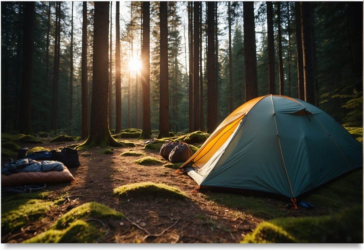A tent, sleeping bags, and camping gear spread out on a forest floor with towering trees in the background. The sun is setting, casting a warm glow over the scene. These are just some of the essentials for your first-time camping in the PNW.