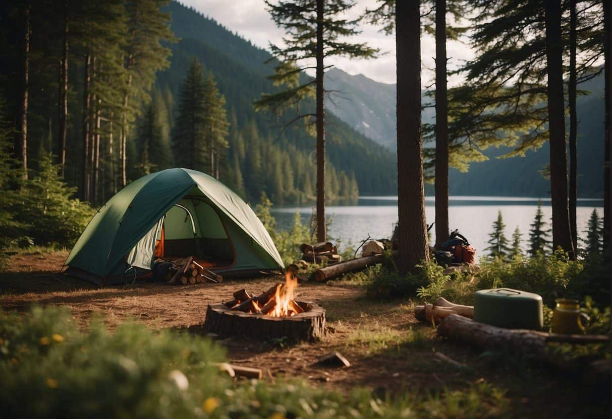 A group of campers set up tents in a lush forest clearing, while others gather firewood and prepare a campfire. Nearby, hikers explore a trail leading to a serene lake surrounded by towering mountains