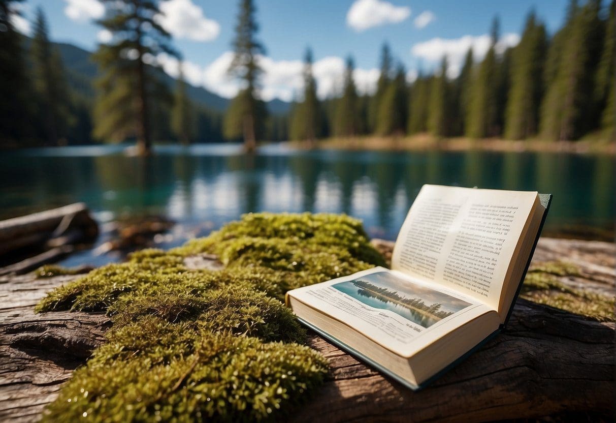 A colorful camping guide book open on a moss-covered log, surrounded by towering pine trees and a glistening lake in the background