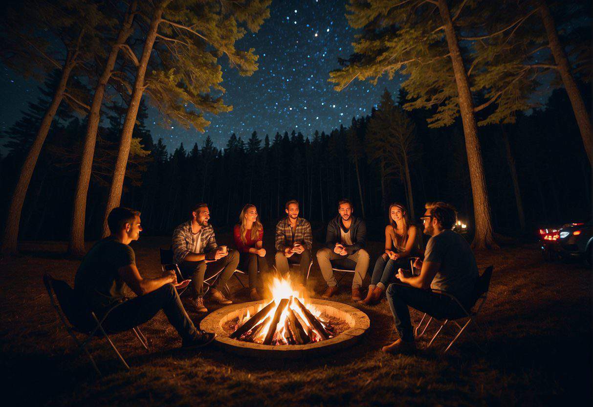 A campfire crackles in the center of a circle of tents, surrounded by towering trees. A group of friends sit around the fire, roasting marshmallows and sharing stories under the starry night sky