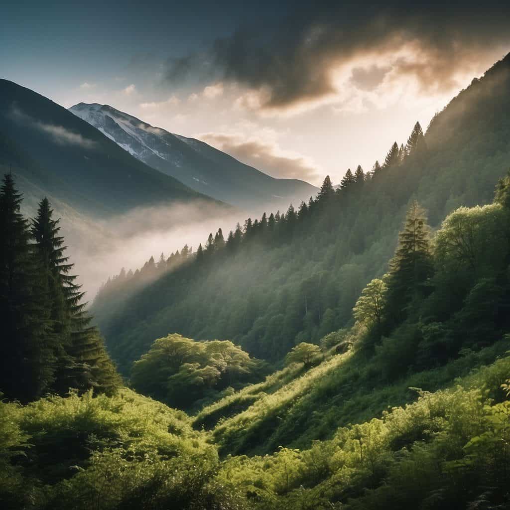 Lush green forest with towering trees, a winding trail leading to a misty mountain peak, and a serene river flowing through the landscape