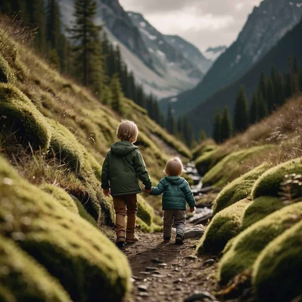 Lush forest trail with moss-covered trees, babbling creek, and towering mountains in the background. Two toddlers explore, holding hands. Hiking with toddlers is always an adventure!