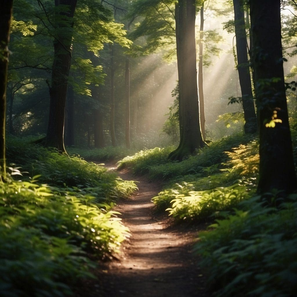 Lush green forest with winding trail, towering trees, and gentle streams. Sunlight filters through the canopy, creating dappled shadows on the forest floor